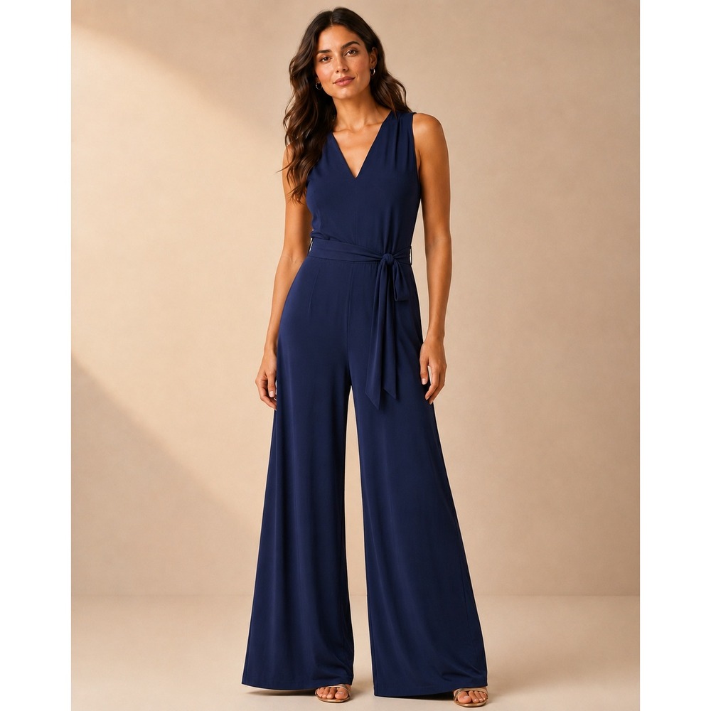 Lauren Ralph Lauren Navy Blue Wide Leg Jumpsuit Elegant Formal Size 8 T Polished